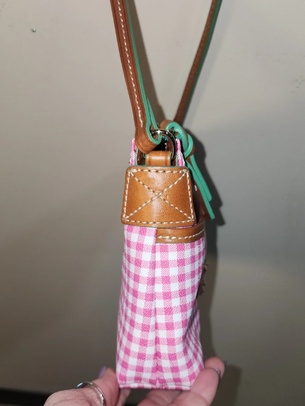 Dooney & Bourke Leather Picnic Pink Mint Gingham Crossbody Shoulder Bag Purse - Picture 8 of 12